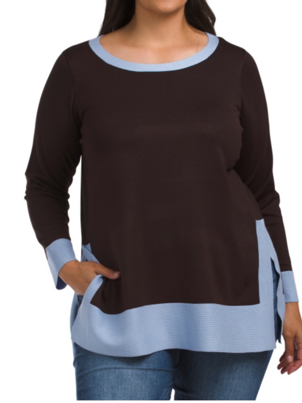 Cyrus Plus Size Brown Tunic Sweater with Light Blue Trim